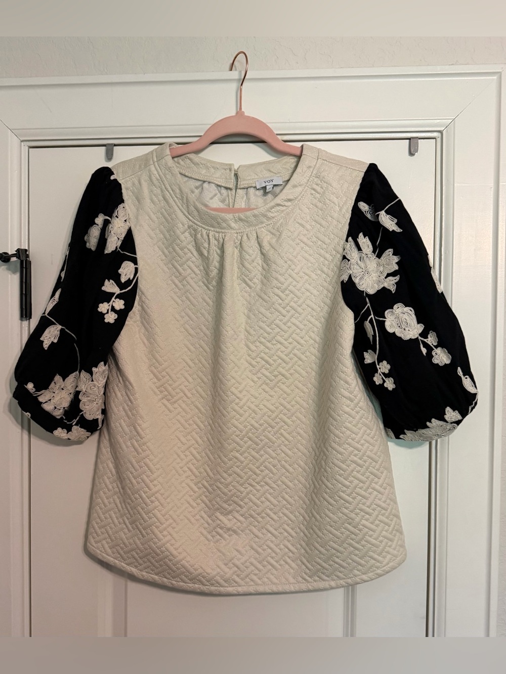 Ivory Quilted Blouse with Black Floral Puff Sleeves